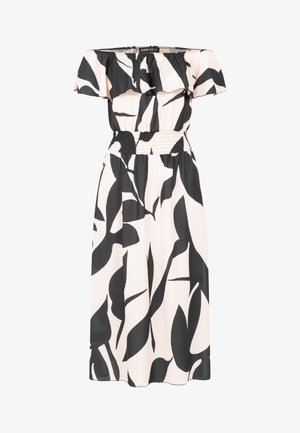 Robe midi épaules dénudées avec imprimé abstrait de feuilles noir et blanc, taille élastique et col à volants.