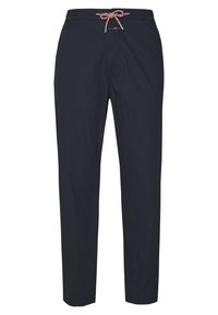 Pantalon bleu marine avec une taille élastique et un cordon de serrage ajustable en motif contrastant rouge et blanc. Coupe droite, texture lisse.