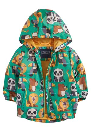 Veste à capuche pour enfants avec fond vert, présentant des animaux dessinés comme des pandas, lions, toucans, ours et singes, avec une doublure intérieure jaune.