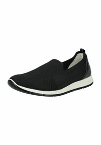 Scarpa nera slip-on con tomaia in maglia testurizzata, dotata di suola leggera con dettagli bianchi e tacco piccolo sul retro.