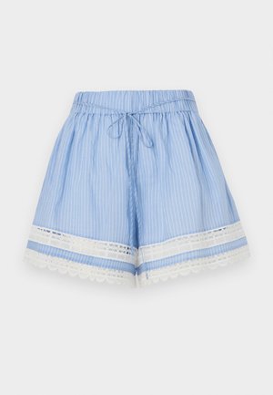 Ljust blå randiga shorts i mjukt material, med en spetsdetalj vid fållen, ett elastiskt midjeband med dragsko och en avslappnad passform.