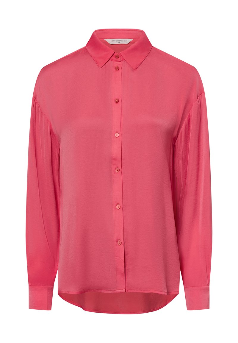 Pink long-sleeve blouse featuring a collared neckline, button-up front, and elasticized cuffs, made from a smooth, lightweight fabric.