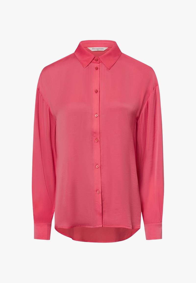 Pink long-sleeve blouse featuring a collared neckline, button-up front, and elasticized cuffs, made from a smooth, lightweight fabric.