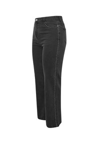 Svart denimbyxor i ankellängd med dekorativa nitar längs sömmarna, rak benmodell och traditionell femficksdesign.