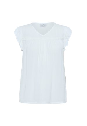 Fehér, rövid ujjú blúz V-nyakkal, finom fodros ujjaival és plisszírozott elülső résszel, könnyű anyagból készült.