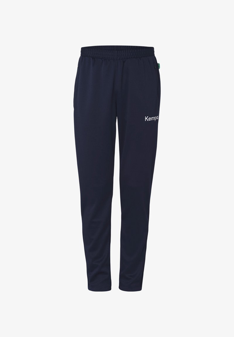 Pantalons de sport navy avec une taille élastique, des jambes fuselées et un logo blanc sur la cuisse gauche. Texture lisse, tissu léger.