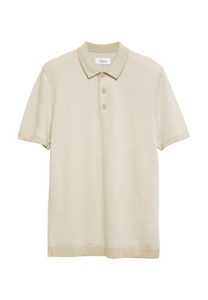 Beiges kurzärmeliges Strick-Poloshirt mit strukturiertem Muster, drei Knöpfen und Kragen.