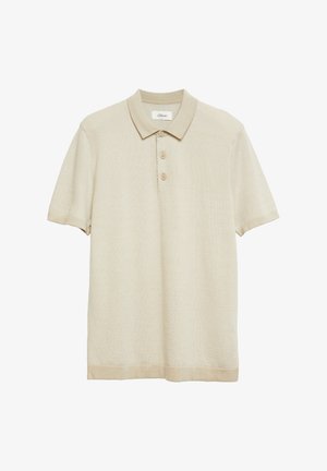 Polo en maille beige à manches courtes avec motif texturé, trois boutons et col.