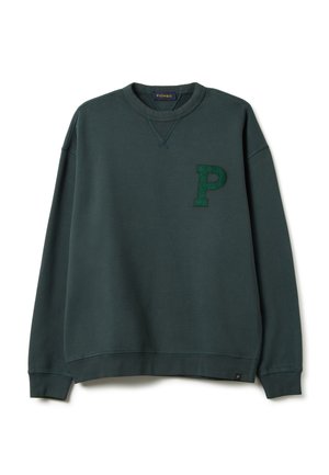 Dunkelgrüner Sweatshirt mit geripptem Rundhalsausschnitt, langen Ärmeln und einem strukturierten "P"-Logo auf der Brust. Weicher Stoff, lässiges Design.