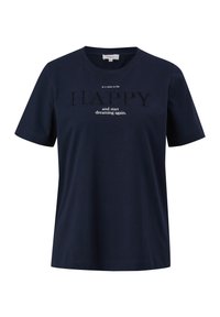 T-shirt en coton bleu marine à manches courtes, avec un texte brodé qui dit "il est temps d'être HEUREUX et de recommencer à rêver".