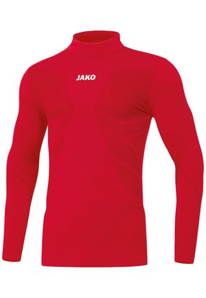 Maglia sportiva rossa a maniche lunghe con collo alto e logo bianco JAKO al centro del petto.