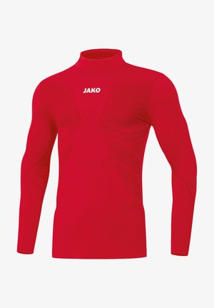 Rød langærmet sportstrøje med høj hals og hvidt JAKO-logo centreret på brystet.