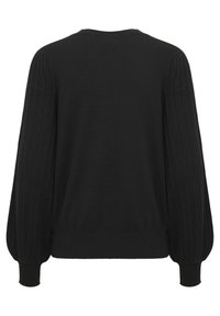 Schwarzer Pullover mit gerippten, puffigen langen Ärmeln und eng anliegenden Bündchen, von hinten auf einem weißen Hintergrund gezeigt.