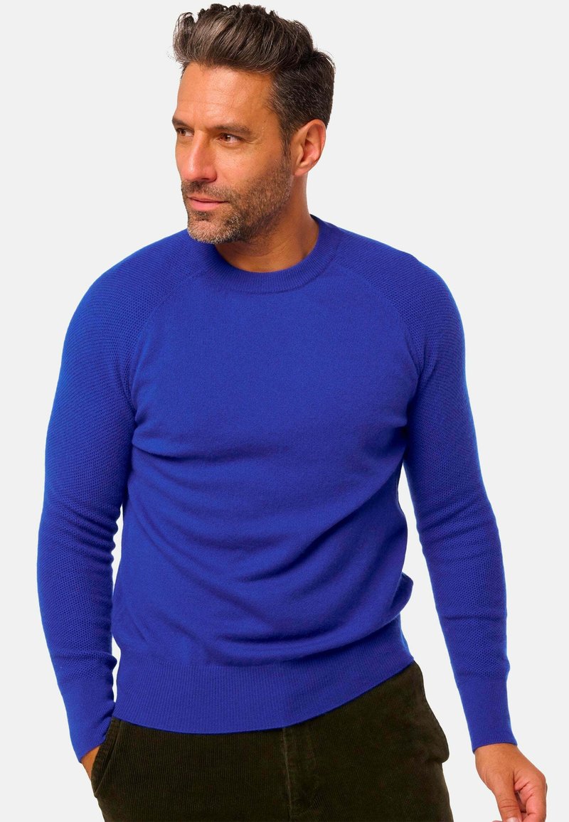 Blauer Strickpullover mit rundem Halsausschnitt, gerippten Ärmelbündchen und strukturierten Akzenten an den Ärmeln. Getragen mit dunkler Cordhose.