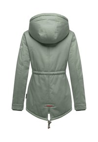 Long green jacket with a hood, featuring a cinched waist, smooth texture, and red logo on the left sleeve. Plain design, no patterns.
