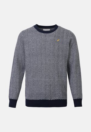 Tumesinine sviiter, millel on valge kalasaba muster. Ribakujuline kaelus, varrukad ja allserv. Väike kollane aktsent rinnal.