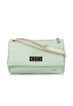 Sac à main texturé vert clair avec une bandoulière en chaîne dorée, fermoir rectangulaire doré et noir, et plaque logo "WITTCHEN" à l'avant.