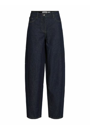 Donkerblauwe denim broek met een ontspannen pasvorm, voorzien van gele stiknaden, een vijf-pocket ontwerp en een knoopsluiting aan de voorkant.