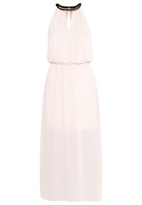 Robe maxi rose pâle sans manches avec un col en trou de serrure, une taille élastique et un liseré noir le long de l'encolure. Tissu lisse et fluide.