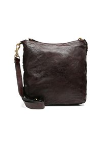 Borsa a tracolla in pelle marrone scuro con una texture morbida, forma quadrata, tracolla regolabile e dettagli in metallo dorato.