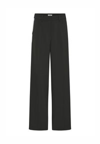 Pantaloni neri a gamba larga con davanti piatto, passanti per cintura e tasche. Realizzati in un tessuto liscio con un design sartoriale per una vestibilità classica.
