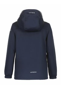 Marinblå jacka med foderhuva och elastiska ärmslut. Har märkning på ryggen och axlarna. Slät textur, minimalistisk design.