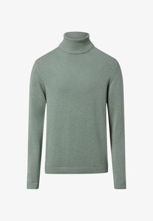 Hellgrüner, gestrickter Rollkragenpullover mit langen Ärmeln sowie gerippten Bündchen und Saum.