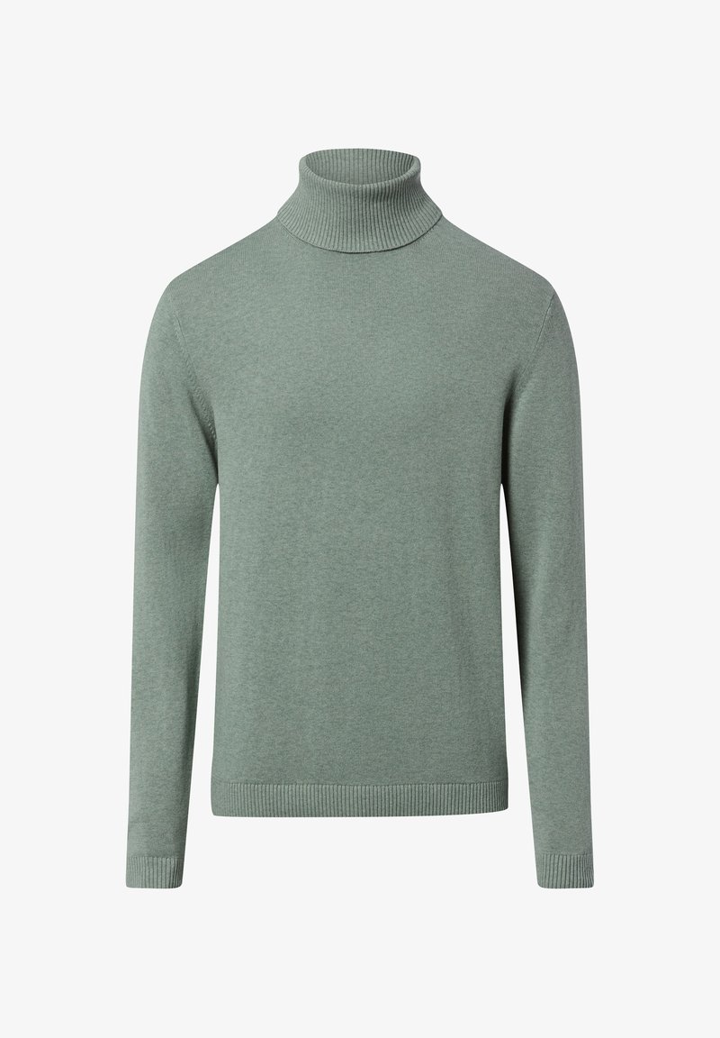 Jasnozielony dzianinowy golf z długimi rękawami oraz ściągaczami na mankietach i przy brzegu.