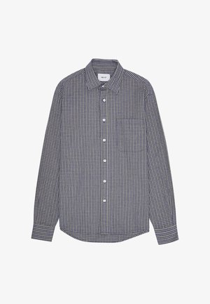 Langärmliges Baumwollhemd in Navy- und Grüntönen, mit Button-down-Kragen, Brusttasche und weißen Knöpfen.