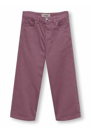 Purple wide-leg jeans with a smooth texture, featuring a front button, five pockets, and contrast stitching. Reinforced seams enhance durability.