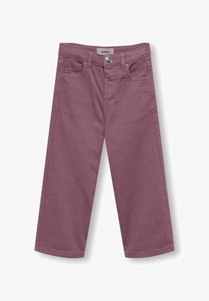 Lilla brede bukser i denim med en glat tekstur, der har en frontknap, fem lommer og kontrastsyninger. Forstærkede sømme øger holdbarheden.