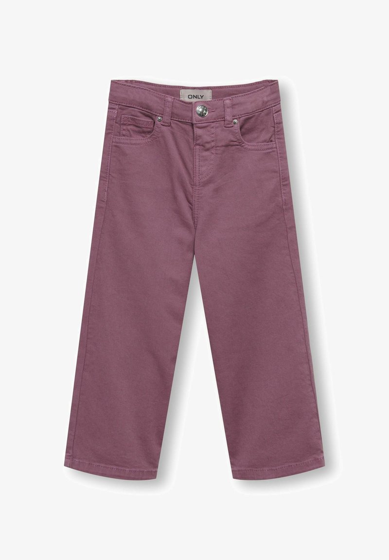 Lilla brede bukser i denim med en glat tekstur, der har en frontknap, fem lommer og kontrastsyninger. Forstærkede sømme øger holdbarheden.