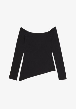 Svart off-shoulder långärmad topp med ribbad textur och en asymmetrisk fåll, som visar en figurnära design och mjukt tyg.