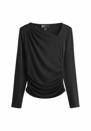Schwarzes Langarmoberteil aus glattem Material mit einem drapierten Design am Ausschnitt und gerafften Details an der Taille.