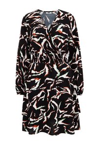 Black dress featuring a vibrant abstract pattern in white, orange, and green. The design includes a wrap style and gathered waist for fit.