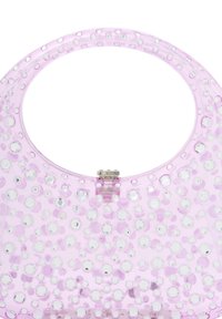 Borsa trasparente in plastica con manico rotondo, decorata con accenti circolari rialzati distribuiti uniformemente, principalmente in rosa pastello. Presenta una chiusura a scatto.