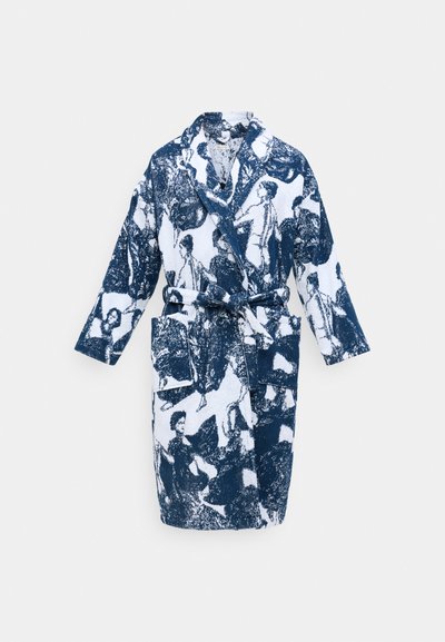 Cotton bathrobe featuring a blue and white abstract print, shawl collar, long sleeves, waist tie, and front pocket. Textured fabric.