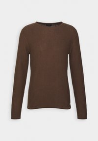 Pull en maille marron à manches longues, col rond, avec un motif texturé. Le matériau semble doux et flexible, avec une coupe ajustée.