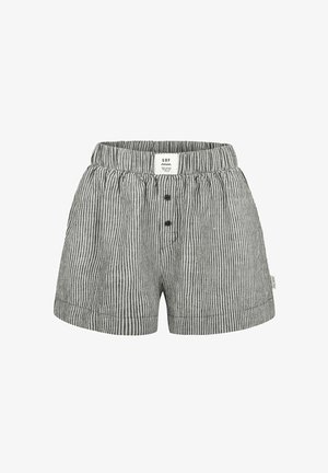 Szorty w paski w kolorze szarym i białym, wykonane z bawełny, z elastyczną talią, dwoma guziczkami z przodu oraz małą metką z tyłu.