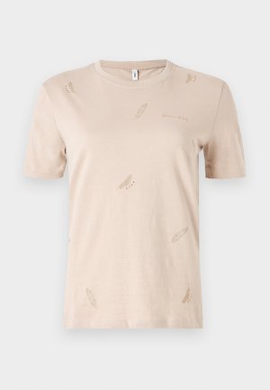 Beige cotton T-shirt with a crew neck. Features small, subtle feather patterns in a lighter shade. Short sleeves, regular fit.