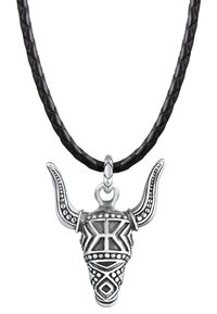 Schwarze geflochtene Lederkette mit einem silbernen Bullenkopf-Anhänger, der komplizierte Muster und zwei markante Hörner aufweist.