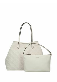 Borsa a spalla bianca trapuntata con bordi neri e doppi manici, accompagnata da una pochette bianca liscia più piccola con chiusura a zip.
