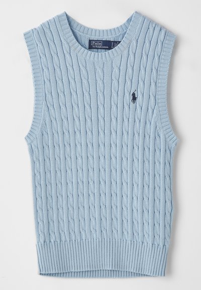 Ανοιχτό μπλε αμάνικο πουλόβερ με πλέξη καλωδίων, που διαθέτει ραμμένο λαιμό και τελείωμα, με μικρό σκούρο λογότυπο στο αριστερό στήθος.