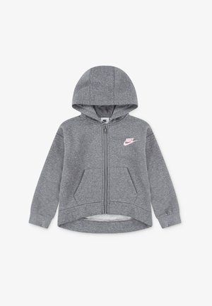 Šedá zipová mikina vyrobená z měkké tkaniny, s kapucí, klokankovými kapsami a růžovým logem Nike na levé části hrudi.
