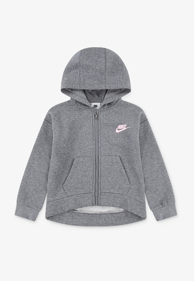 Grå zip-up hoodie i mjukt material, med huva, kengurufickor och en rosa Nike-logga på vänster bröst.