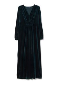 Robe en velours vert émeraude, longue, avec un décolleté en V profond, une taille froncée et des manches longues, présentant une texture douce et lisse ainsi qu'une silhouette fluide.
