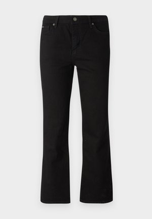 Black denim flared trousers with five-pocket design, button closure, and stitching details. Made from stretchy cotton fabric.