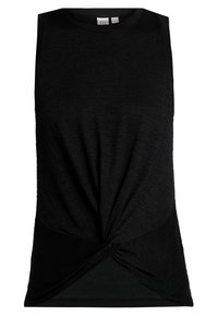 Svart ärmlös topp med rund halsringning och vriden knutdetalj vid fållen, tillverkad av lätt, slät tyg.