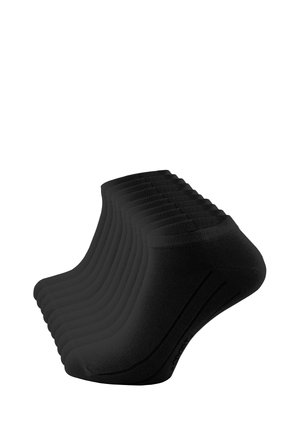 Black cotton ankle socks, featuring a ribbed cuff, smooth texture, and elasticized band for a snug fit. Multiple pairs shown in sequence.