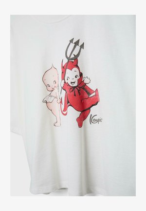 Zwei Cartoon-Babys auf einem weißen Kleidungsstück, eines als roter Teufel mit Dreizack verkleidet, das andere mit Engelsflügeln und einer weißen Windel.